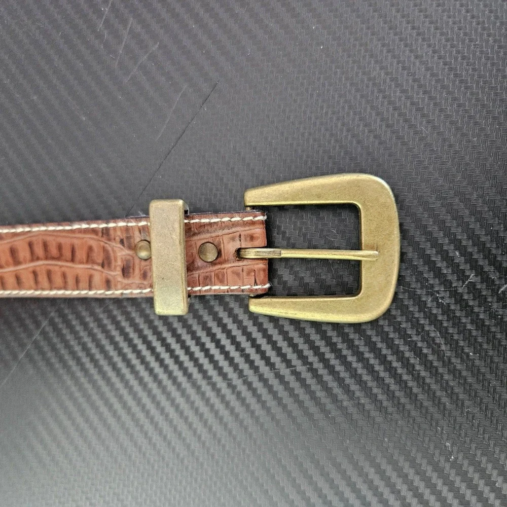 Vintage Brown Alligator Embossed‎ Faux Leather Western Belt Brass Buckle Size 34